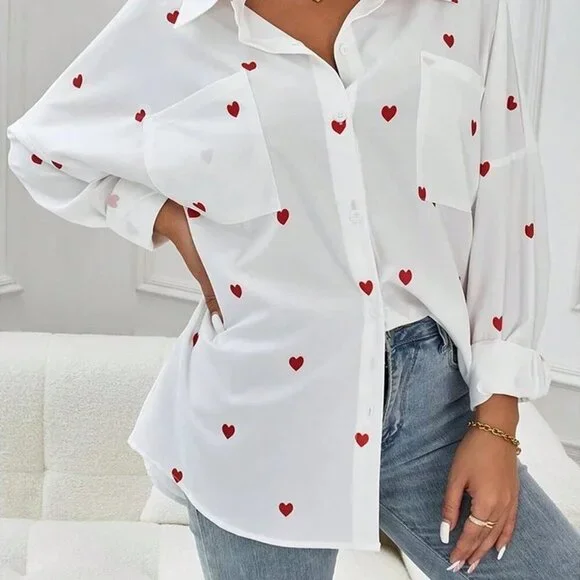 White Casual Women's Front Button Long Sleeve Pocket Heart All Over Print Shirt - Picture 3 of 4